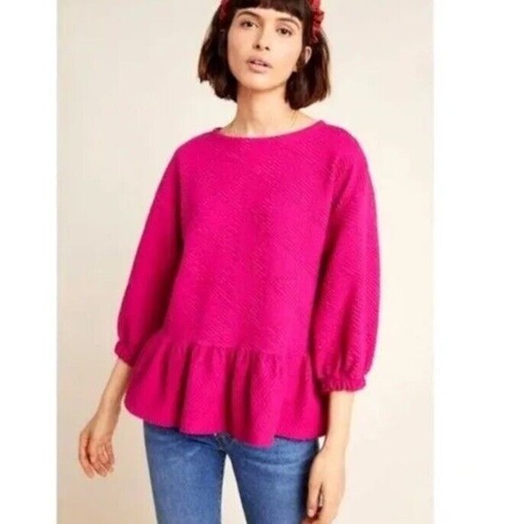 Anthropologie Tops - Anthropologie Maeve Hot Pink Mikayla Textured Peplum Long Sleeve Blouse Large